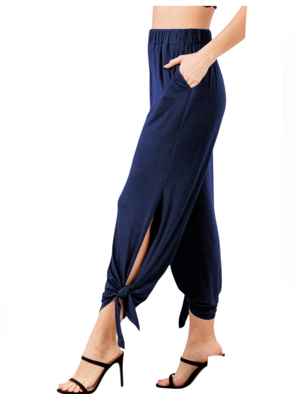 Navy Cropped Side slit with Tie Pull on Pant